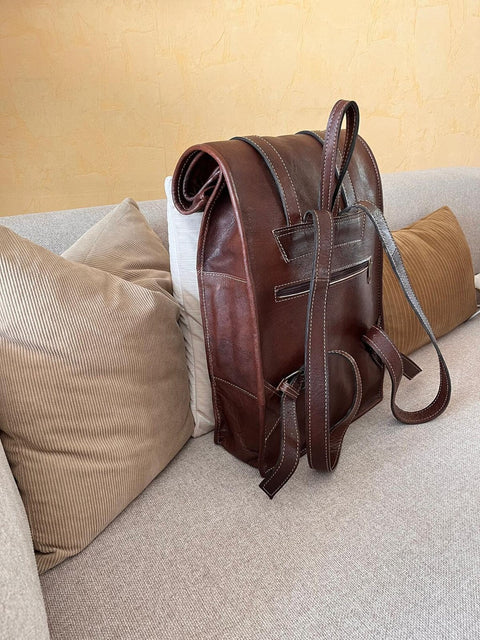 Dazzlo Full Grain Leather Vintage Backpack - Brown - 12"