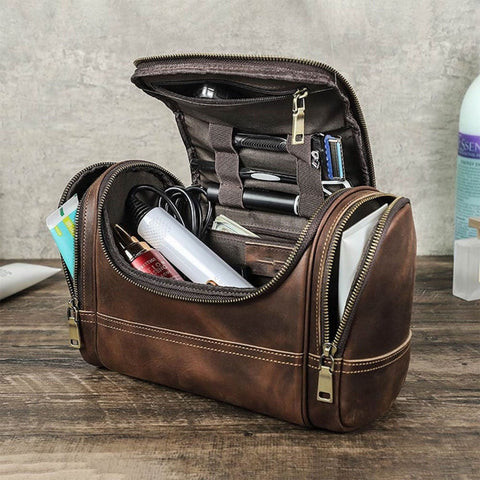 Dazzlo Men's Leather Toiletry Bag - Brown - 11"