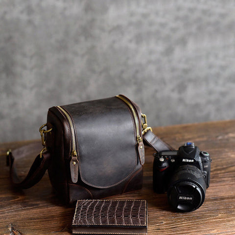 Dazzlo Rustic Leather Camera Bag - Coffee - 8"