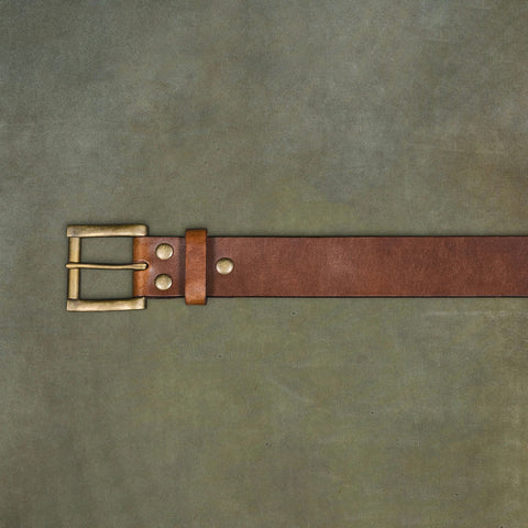 Dazzlo 1.5" Brown Leather Belt - Military Grade Brass Buckle in Antique Finish - 30" / 32" / 34" / 36" / 38" / 40" / 42"