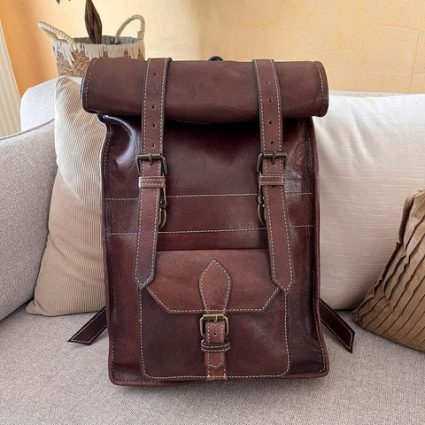 Dazzlo Full Grain Leather Vintage Backpack - Brown - 12"