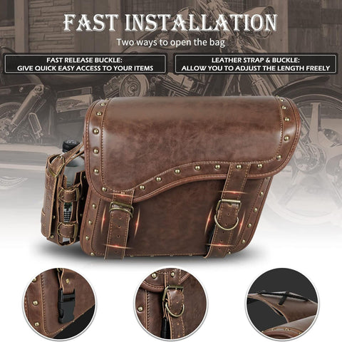 Dazzlo Motorcycle Saddle Bags - Leather Reinforced Straps & Saddle Piece with Cup Holder - Universal Motorcycle Accessories - Brown