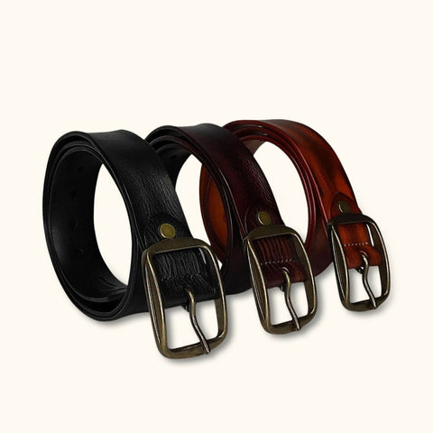 Dazzlo Charred Cigar Leather Belt with Brass Buckle - Black/Brown/Coffee - 30" / 32" / 34" / 36" / 38" / 40" / 42"