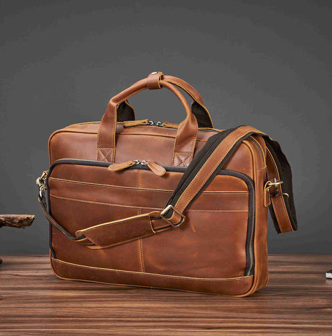 Dazzlo Vintage Leather Laptop Briefcase - Brown / Vintage Brown - 17"