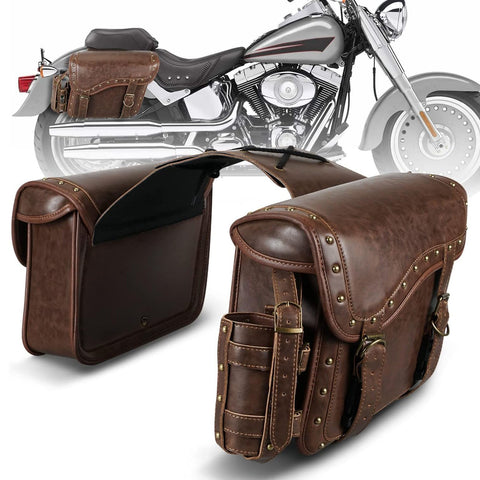 Dazzlo Motorcycle Saddle Bags - Leather Reinforced Straps & Saddle Piece with Cup Holder - Universal Motorcycle Accessories - Brown