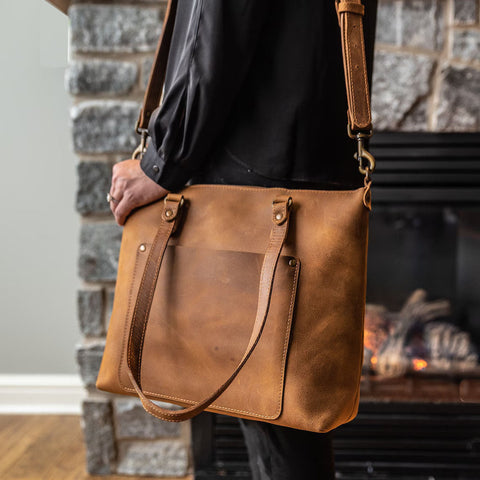 Dazzlo Full Grain Leather Tote Bag - Light Brown/Dark Brown/Black - 15"