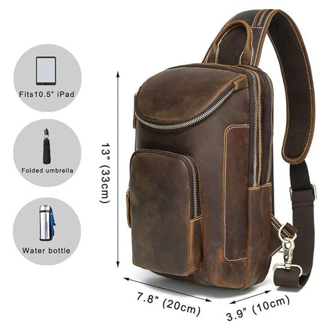 Dazzlo Vintage Full Grain Leather Sling Bag Crossbody Chest Daypack - Brown/Black/Tan/Coffee