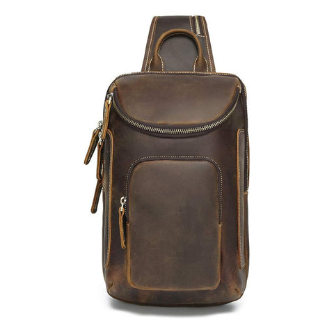 Dazzlo Vintage Full Grain Leather Sling Bag Crossbody Chest Daypack - Brown/Black/Tan/Coffee