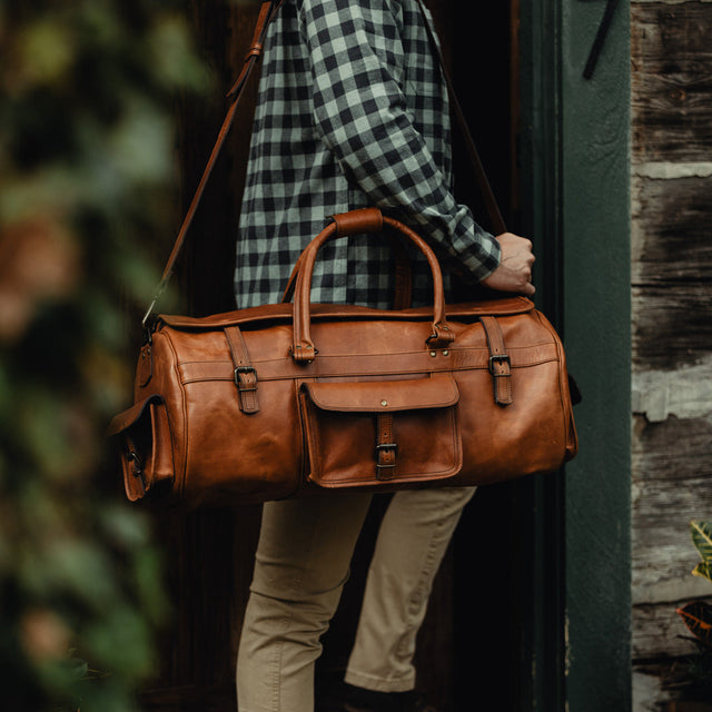 Cowhide Leather Duffel Bag Travel Bag Amber Brown